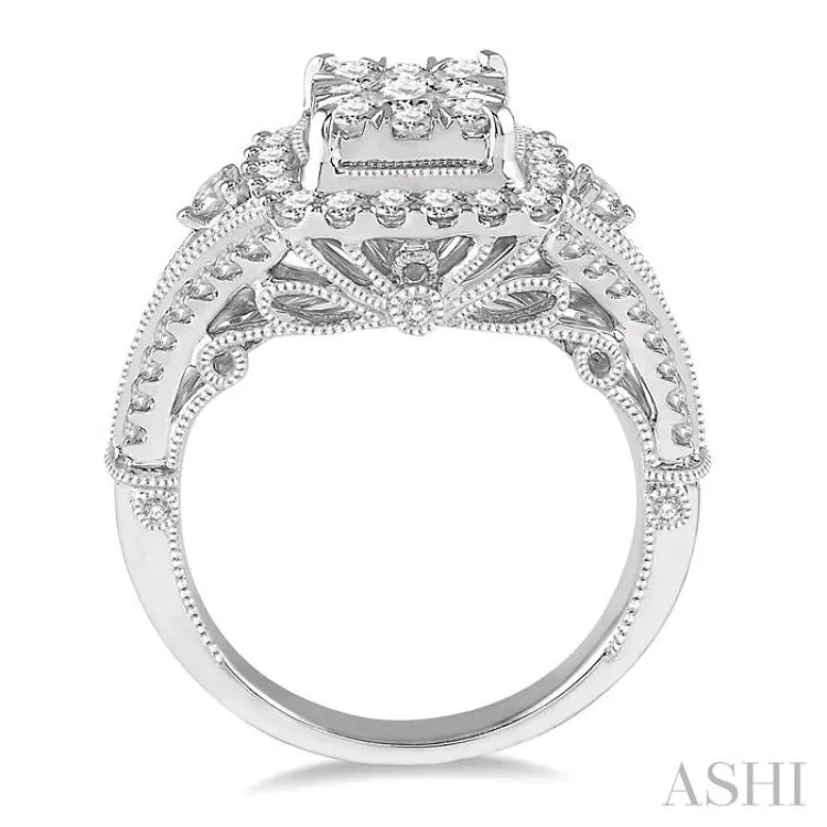 1 1/4 Ctw Round Diamond Lovebright Vintage Style Halo Engagement Ring in 14K White Gold