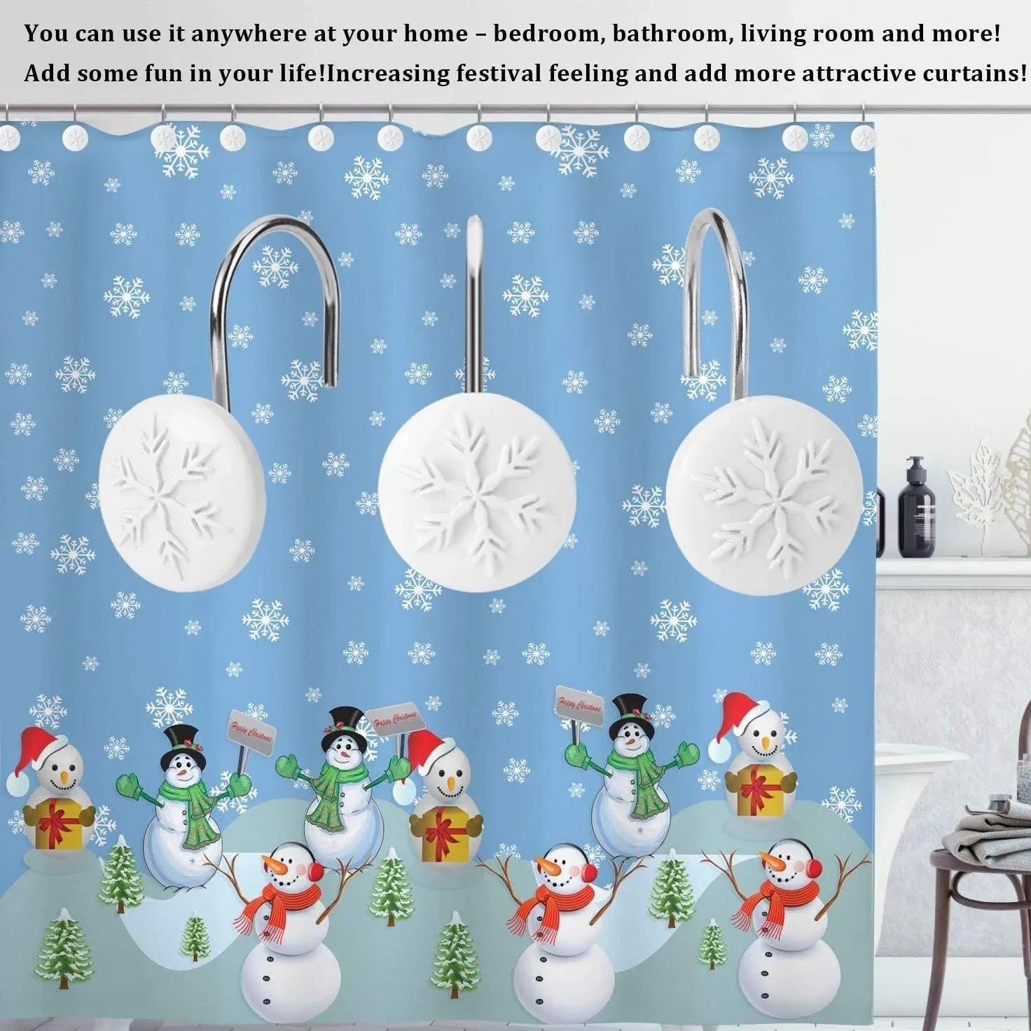 12-Piece: Snowflake Anti-Rust Round Shower Curtain Hooks for Home Bathroom Decor