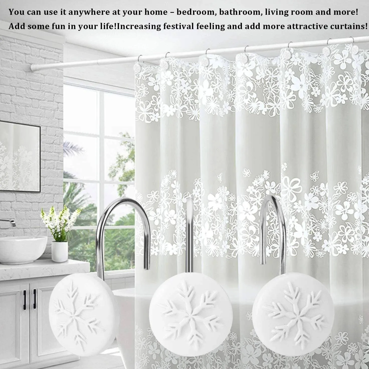 12-Piece: Snowflake Anti-Rust Round Shower Curtain Hooks for Home Bathroom Decor