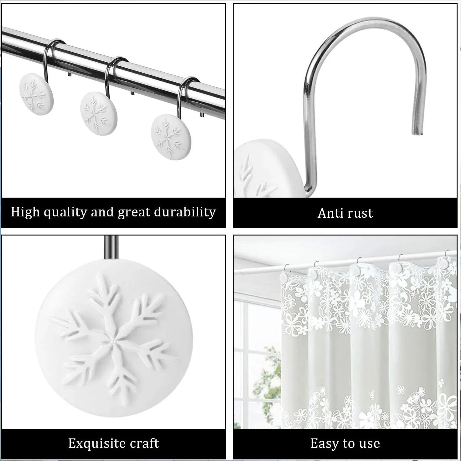 12-Piece: Snowflake Anti-Rust Round Shower Curtain Hooks for Home Bathroom Decor