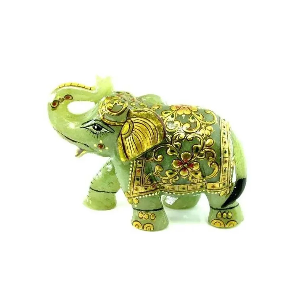 1475Ct Green Aventurine Gemstone Carved Elephant figurine lucky gold Painted