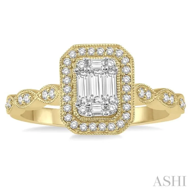 3/8 Ctw Octagonal Center Marquise Shank Round Cut and Baguette Diamond Ring in 14K Yellow and White Gold