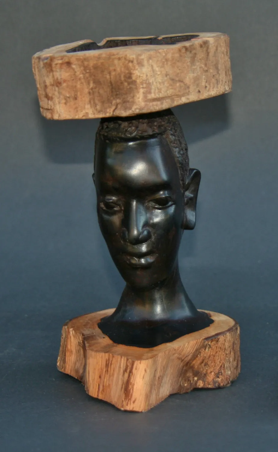 African Makonde Raw Ebony Wood Carved Sculpture Tribal Bust Ashtray - Tanzania