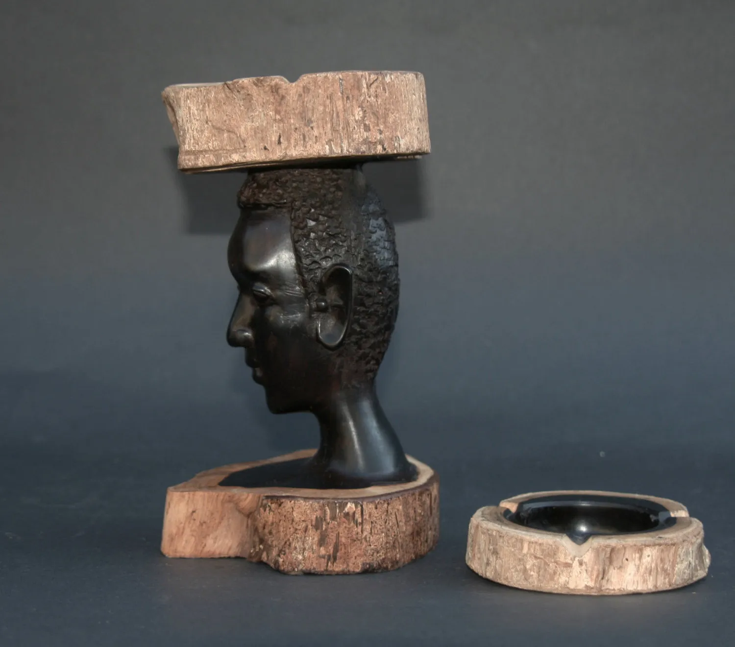 African Makonde Raw Ebony Wood Carved Sculpture Tribal Bust Ashtray - Tanzania