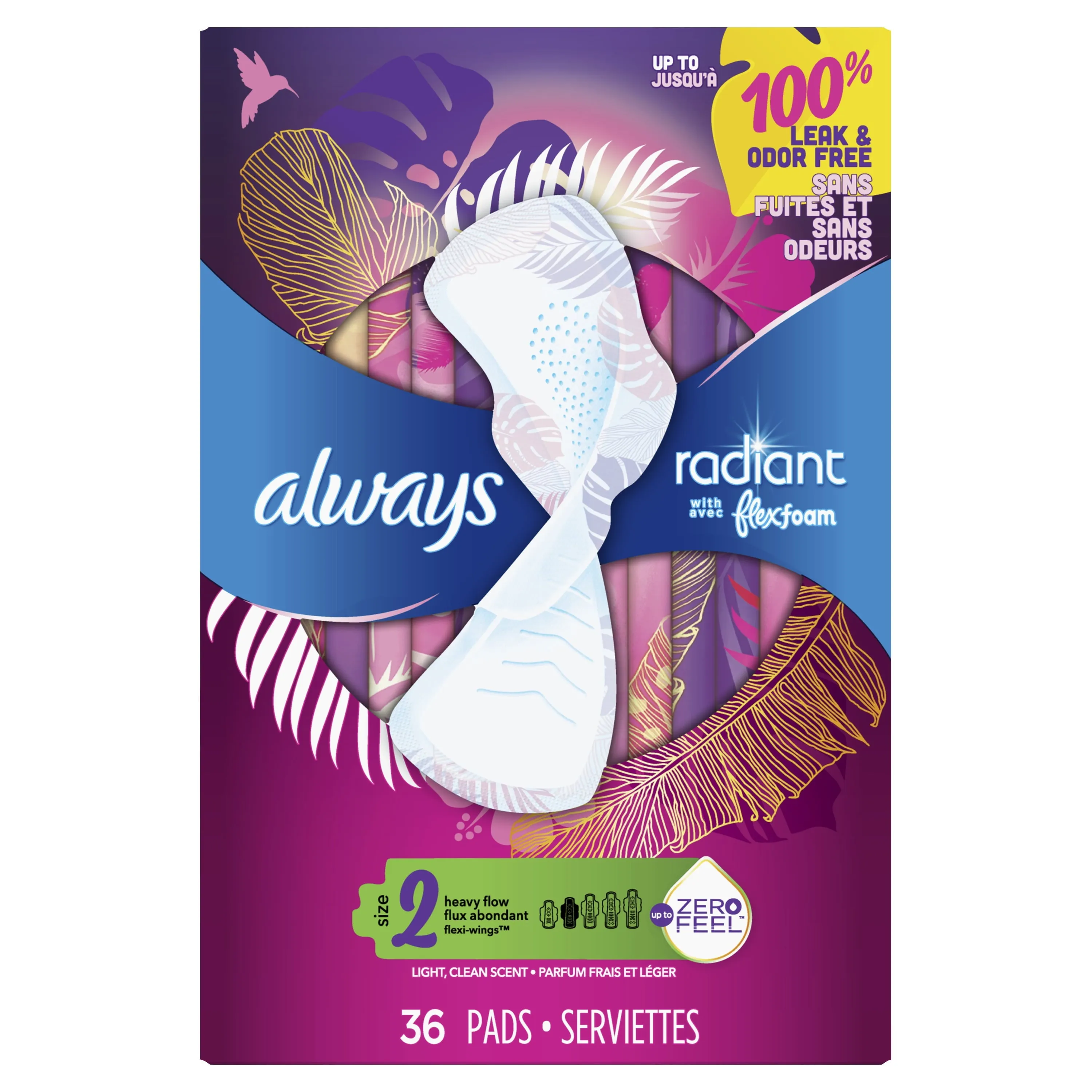 Always Radiant Feminine Pads with Wings, Size 2, Heavy Absorbency, Scented, 36 CT