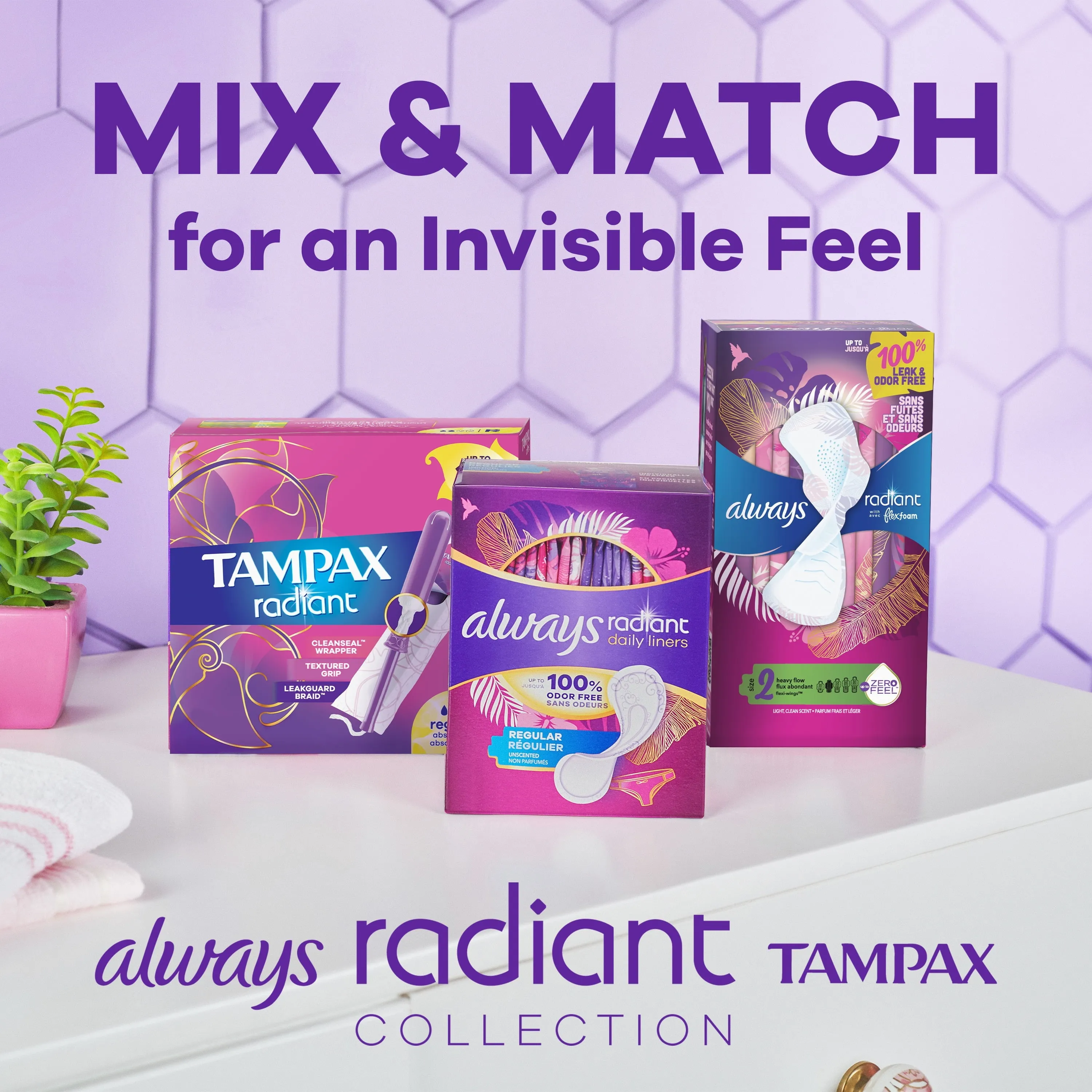 Always Radiant Feminine Pads with Wings, Size 2, Heavy Absorbency, Scented, 36 CT