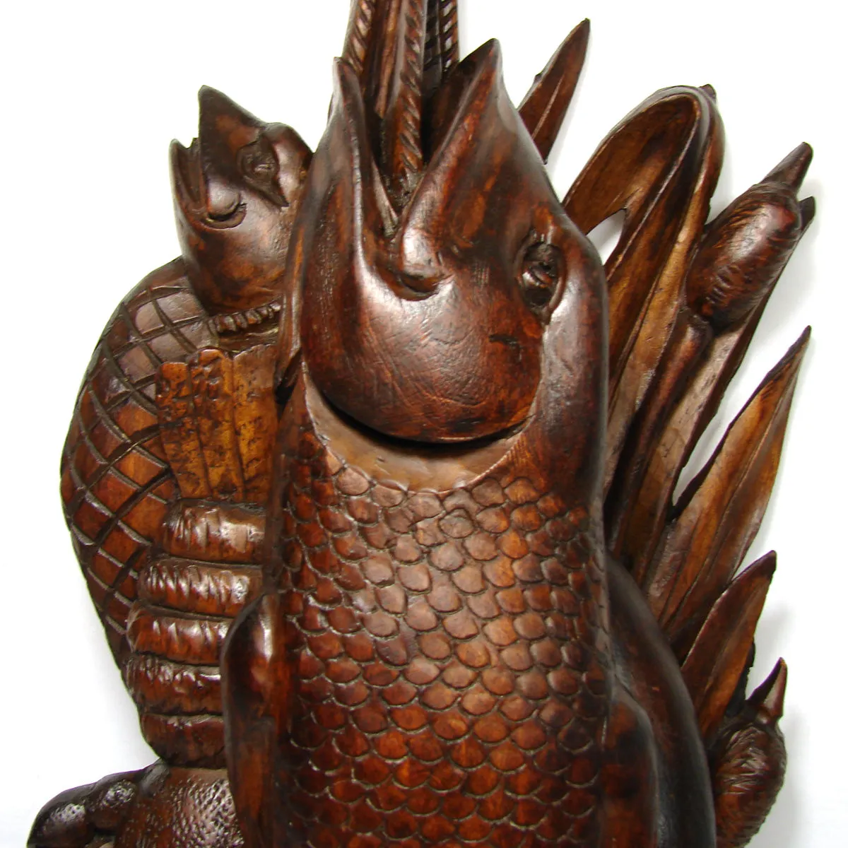 Antique Victorian to Edwardian Era Black Forest Style Carved 16.5” Plaque, Maritime Fish Theme