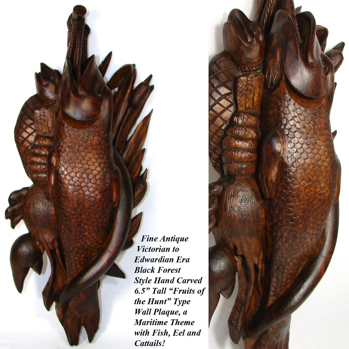 Antique Victorian to Edwardian Era Black Forest Style Carved 16.5” Plaque, Maritime Fish Theme