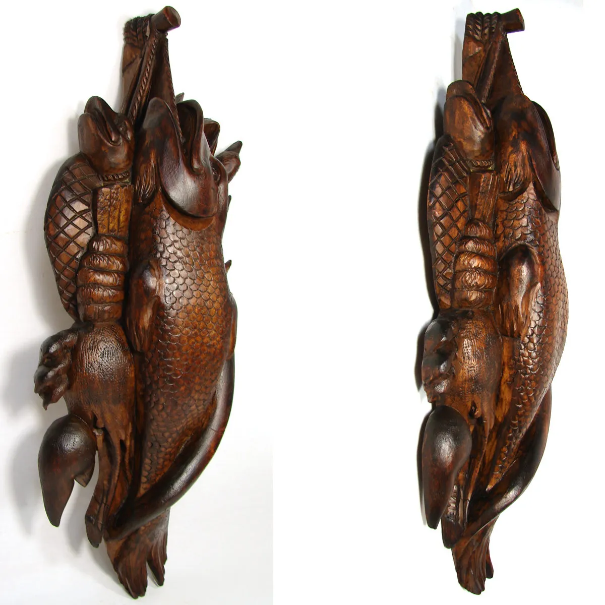 Antique Victorian to Edwardian Era Black Forest Style Carved 16.5” Plaque, Maritime Fish Theme