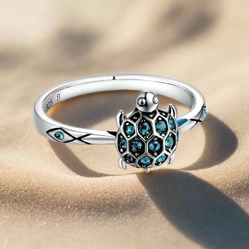 Aquatic Delight Crystal Sea Turtle Sterling Silver Ring