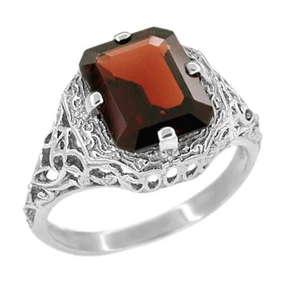 Art Deco Flowers and Leaves Almandine Garnet Filigree Ring in Sterling Silver