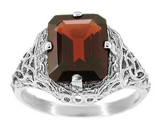 Art Deco Flowers and Leaves Almandine Garnet Filigree Ring in Sterling Silver