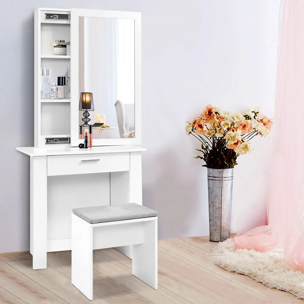 Bedroom Dressing Table with Mirror And Padded Embroidered Stool Jewellery Cabinet White