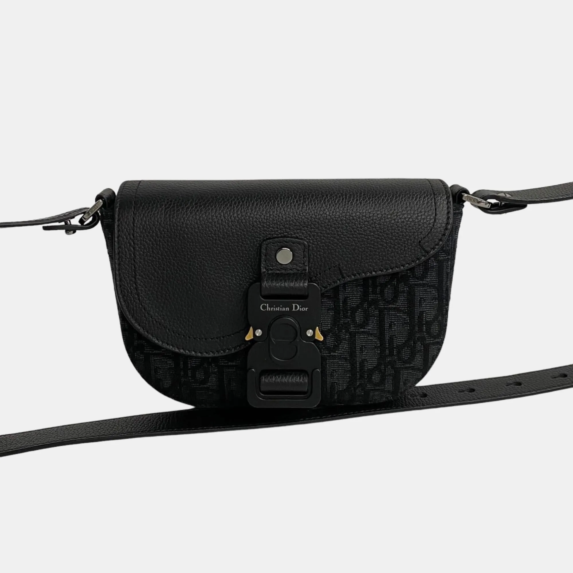 Black Canvas Oblique Mini Saddle Crossbody Bag