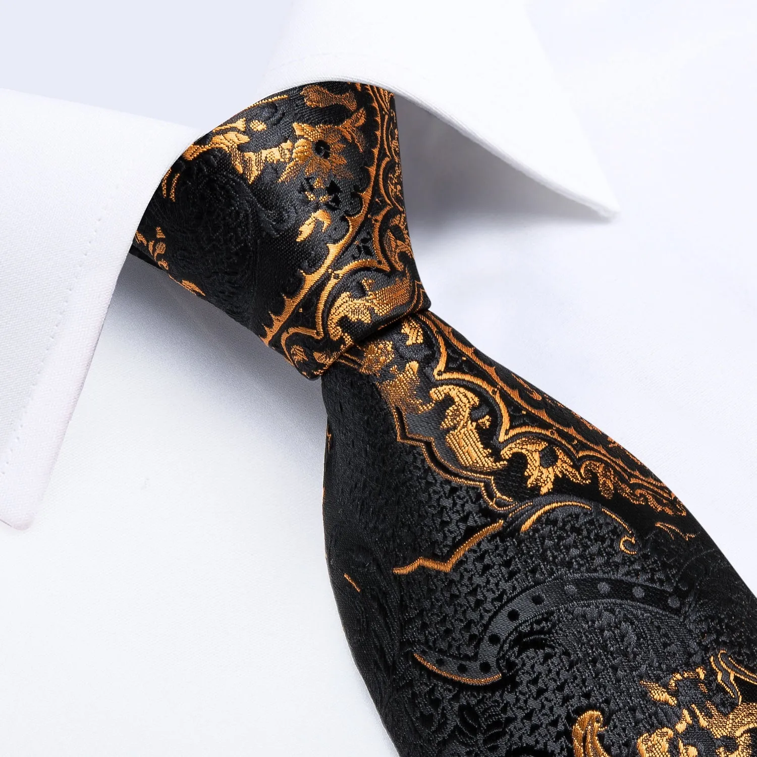 Black Golden Paisley Tie Pocket Square Cufflinks Set with Spacious Ring