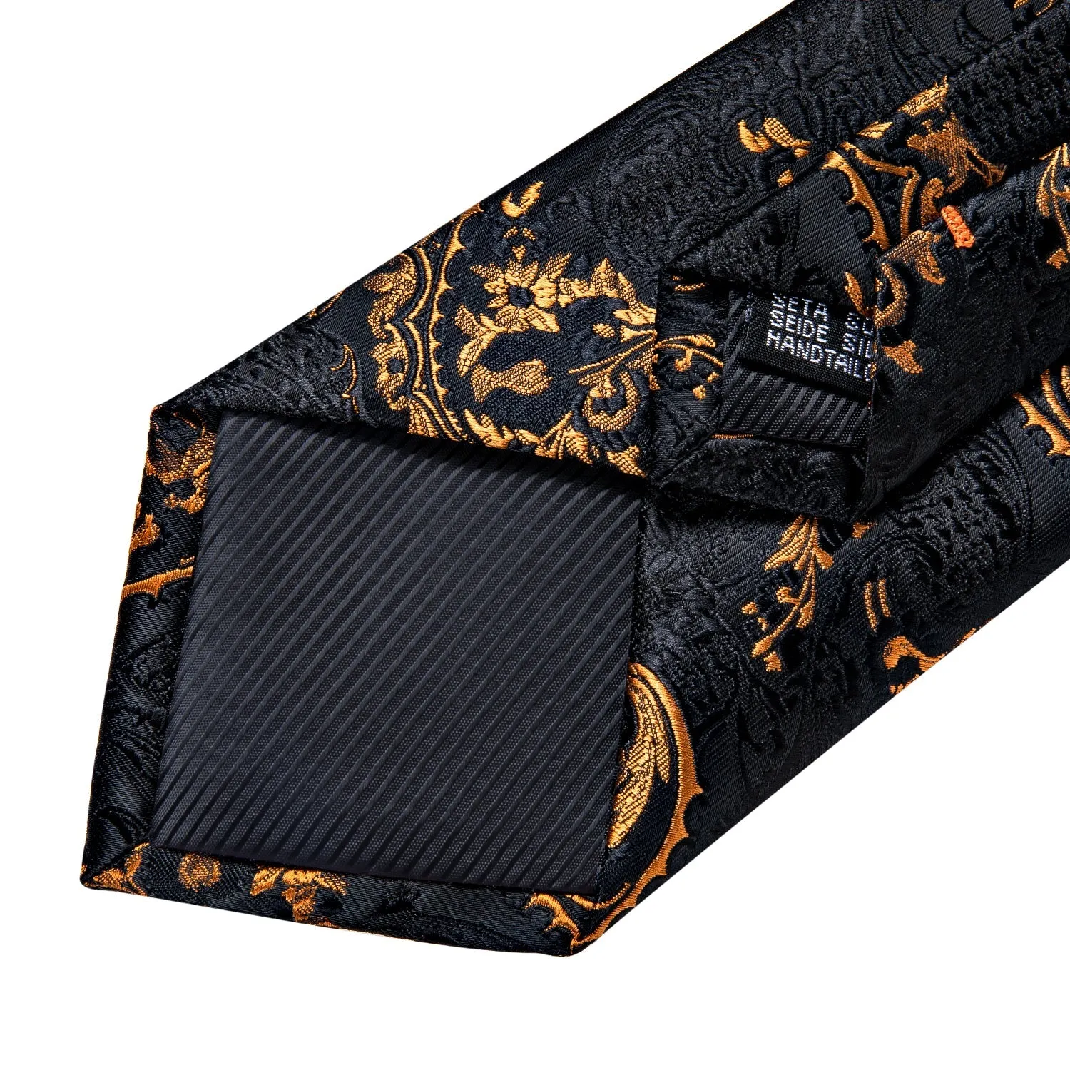 Black Golden Paisley Tie Pocket Square Cufflinks Set with Spacious Ring