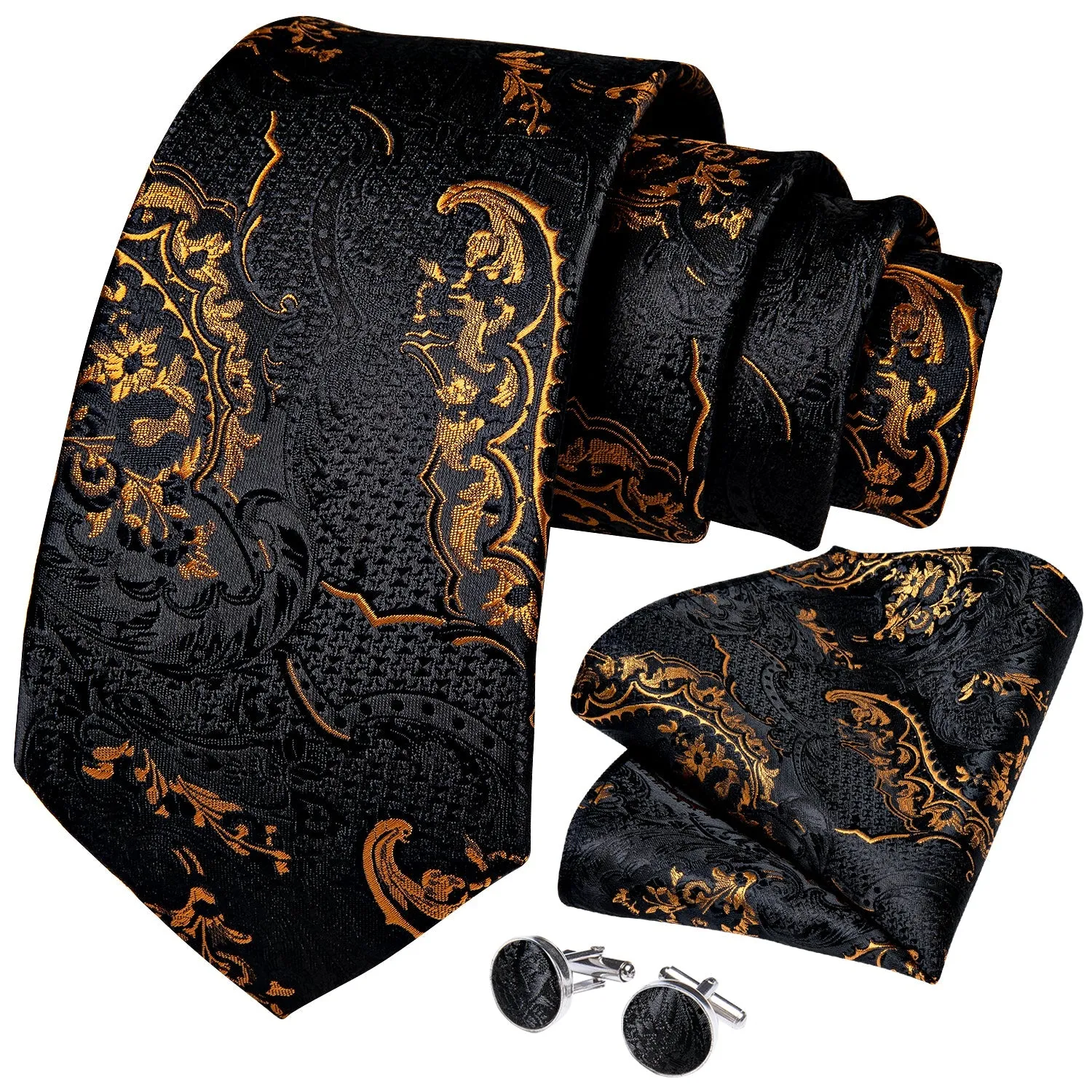 Black Golden Paisley Tie Pocket Square Cufflinks Set with Spacious Ring