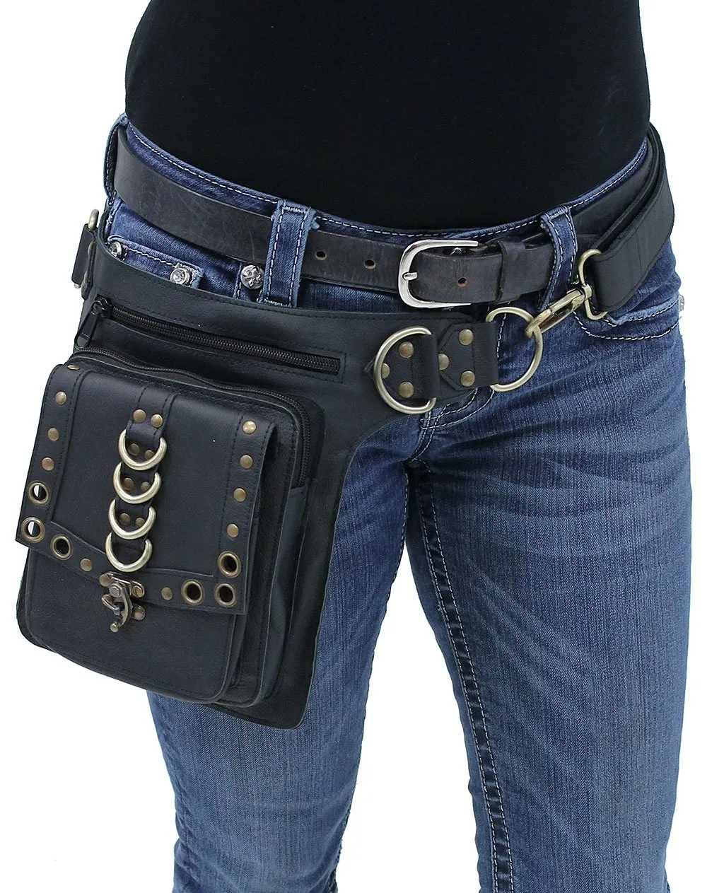 Black Heavy Leather Multi-D-Ring Thigh Bag Waistbag #TB70150DK