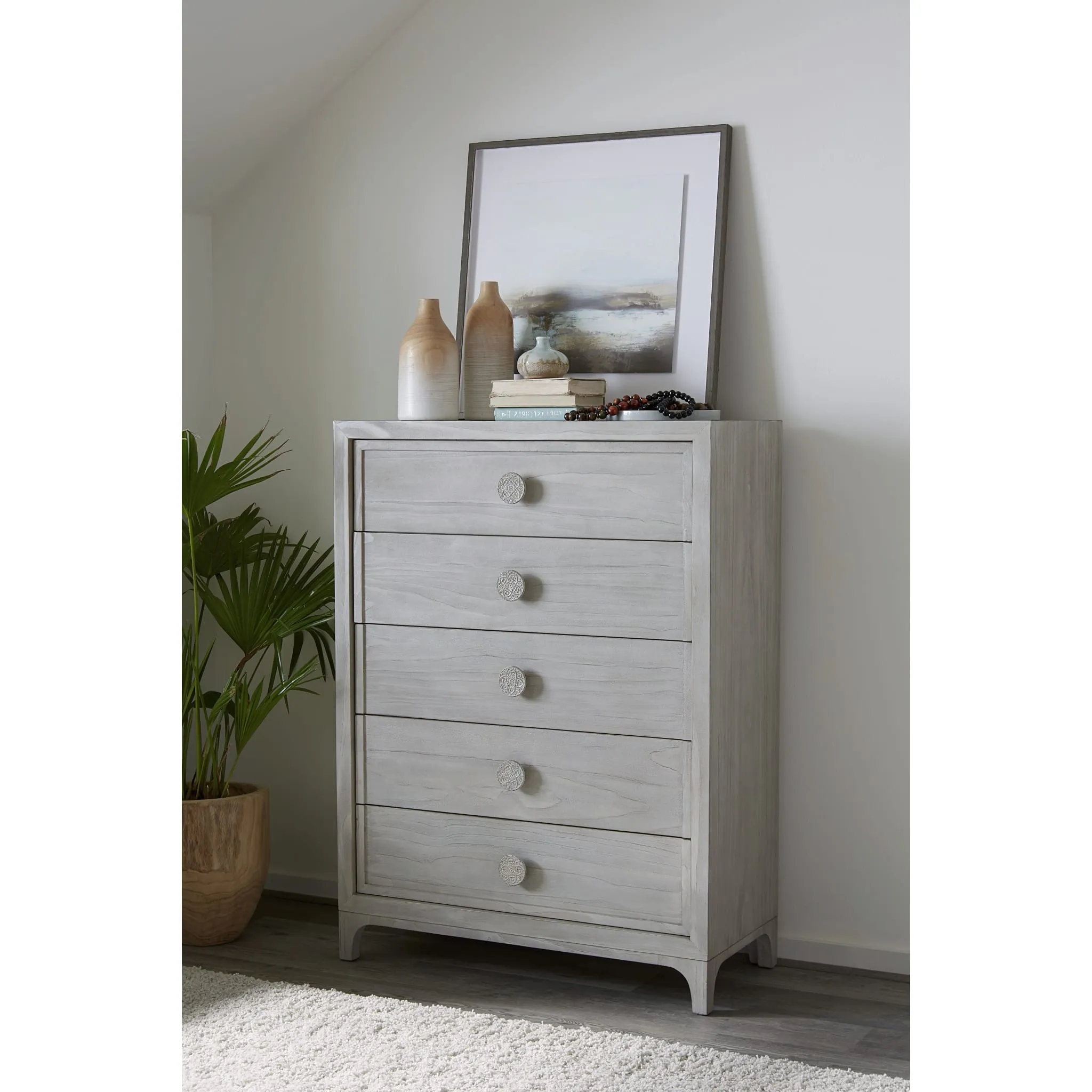 Boho Chic Five-Drawer Chest in Washed White (2024)