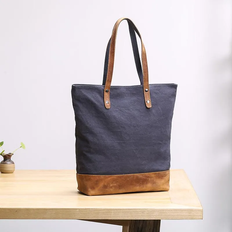 Canvas Leather Mens Womens 15" Gray Tote Bag Handbag Tote Bag Shoulder Bag Tote Purse For Men