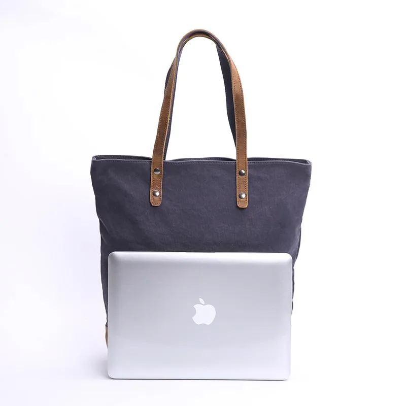 Canvas Leather Mens Womens 15" Gray Tote Bag Handbag Tote Bag Shoulder Bag Tote Purse For Men