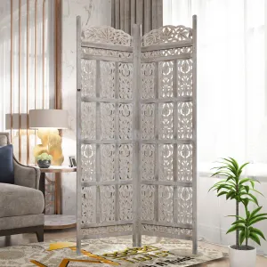 Carved Wood Room Divider Screen Antique White Wash Rustic Finish