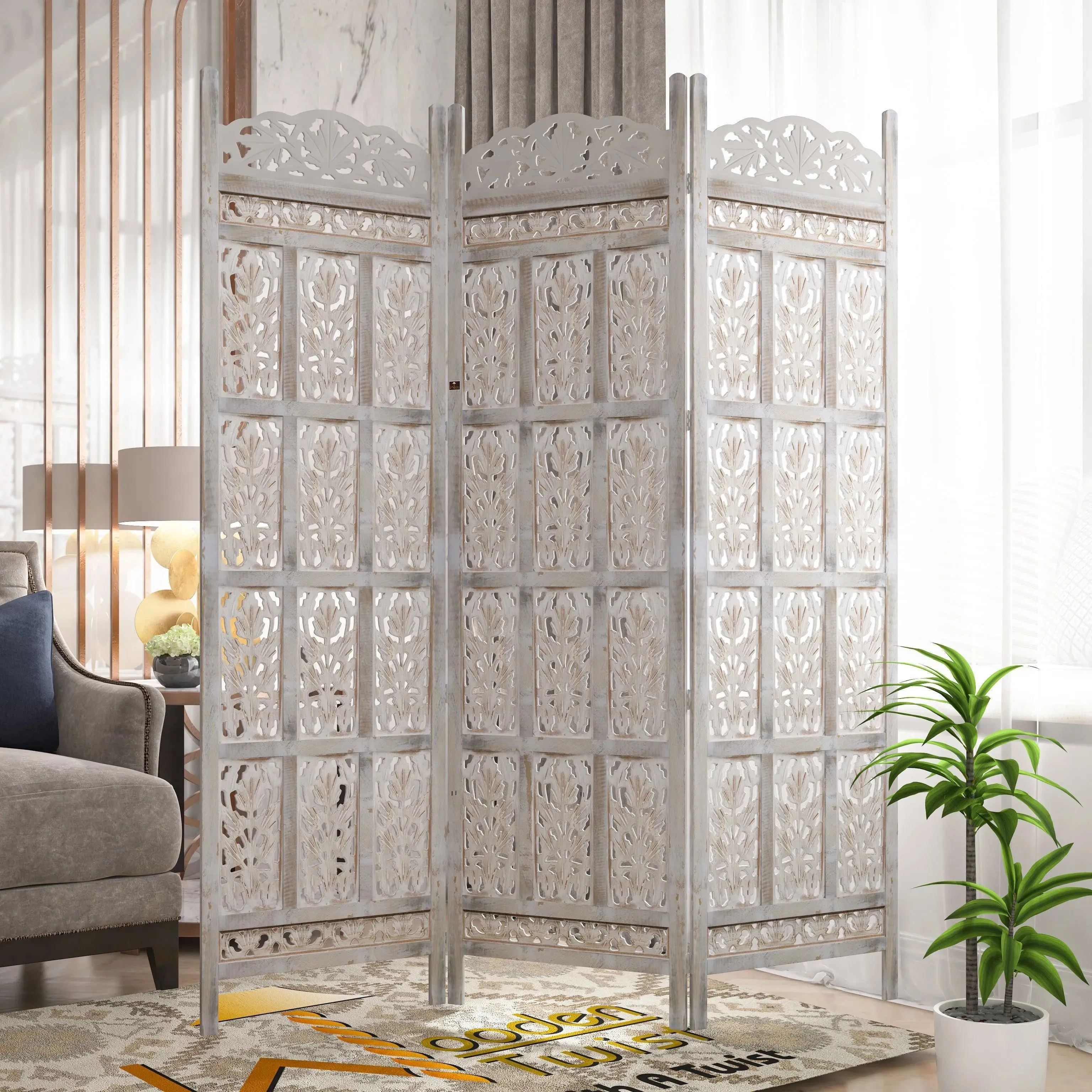 Carved Wood Room Divider Screen Antique White Wash Rustic Finish