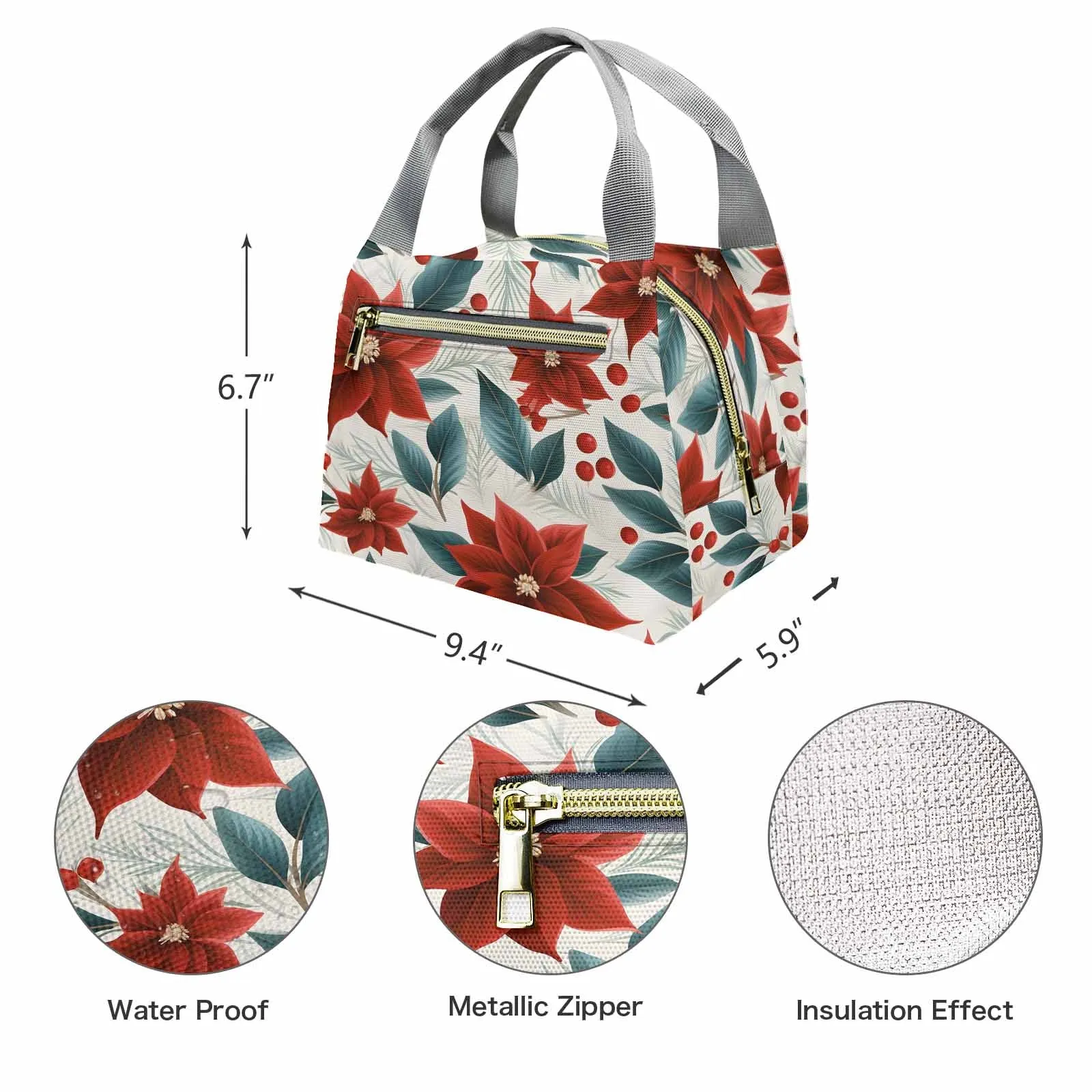 Christmas Red Poinsettia  Portable Lunch Bag-Grey Handle