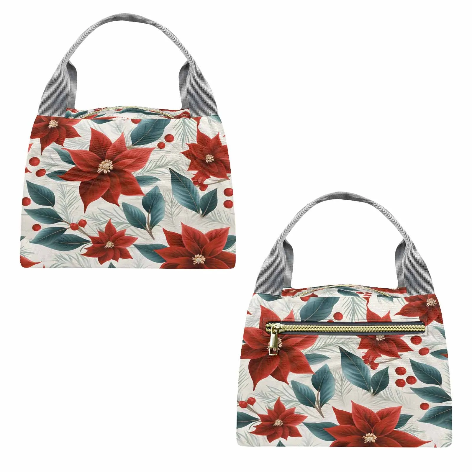 Christmas Red Poinsettia  Portable Lunch Bag-Grey Handle