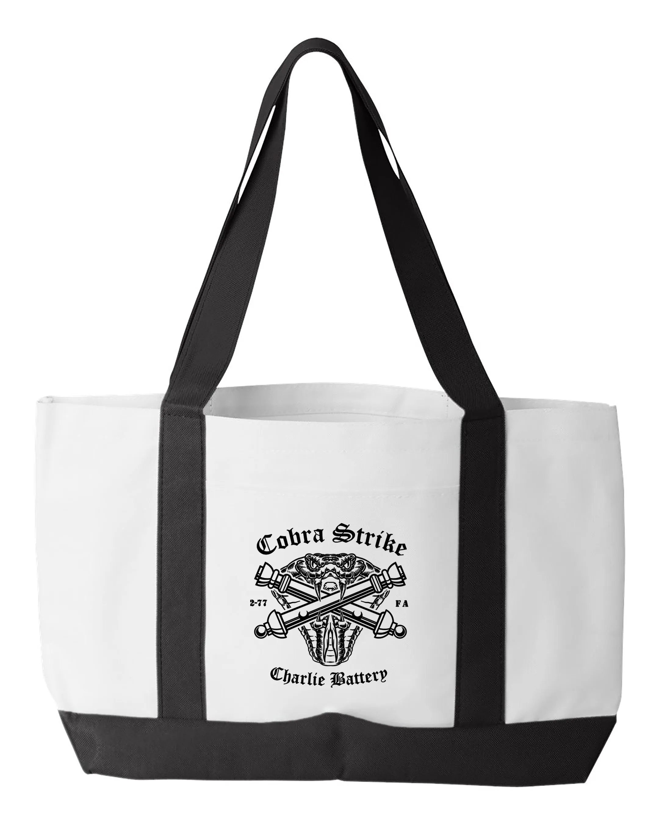 Cobra Strike Shopping Bag, 18.5"W x 12"H with 3.5" depth. White Polyester with Black Straps and Bottom.