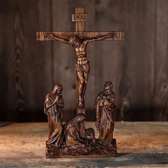 Crucifix  INRI Christian Catholic Jesus Crucifixion Scene Wood Hand Carved Statue