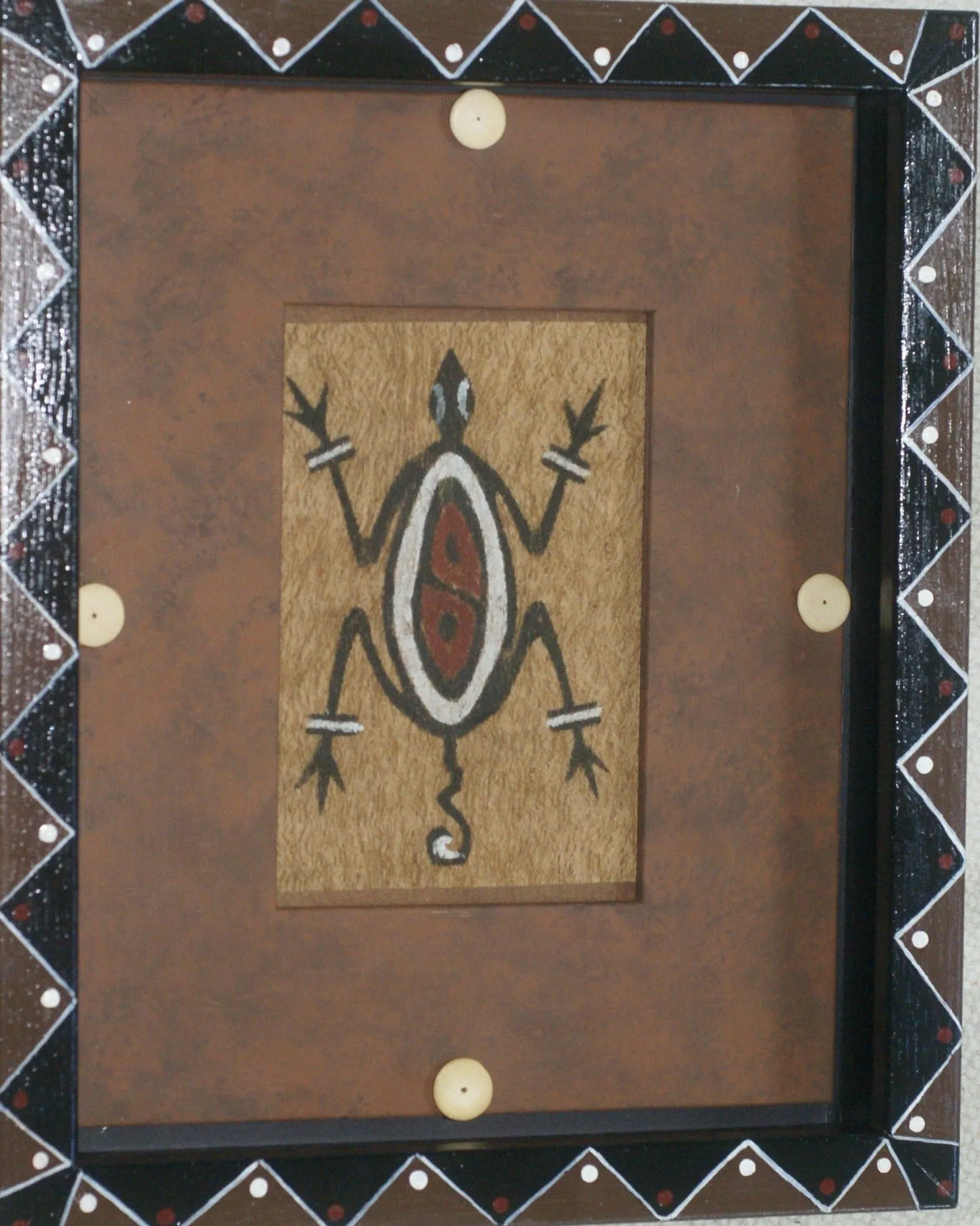 CUSTOM FRAMED Rare Tapa Kapa Bark Cloth (Kapa in Hawaii), from Lake Sentani, Irian Jaya, Papua New Guinea. Hand painted with natural pigments by a Tribal Artist: Abstract Geometric Stylized Turtle Motifs 11" x 9" (DFBA5)