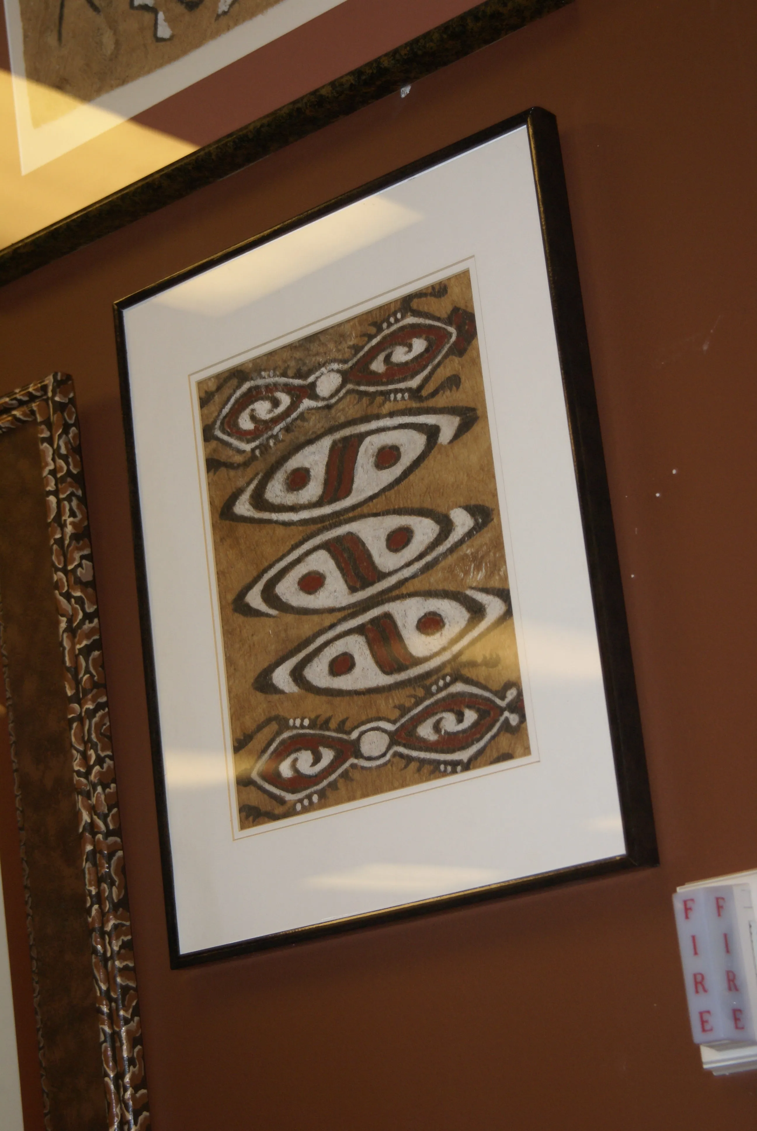 CUSTOM FRAMED Rare Tapa Kapa Bark Cloth (Kapa in Hawaii), from Lake Sentani, Irian Jaya, Papua New Guinea. Hand painted with natural pigments by a Tribal Artist: Abstract Geometric Stylized Turtle Motifs 11" x 9" (DFBA5)