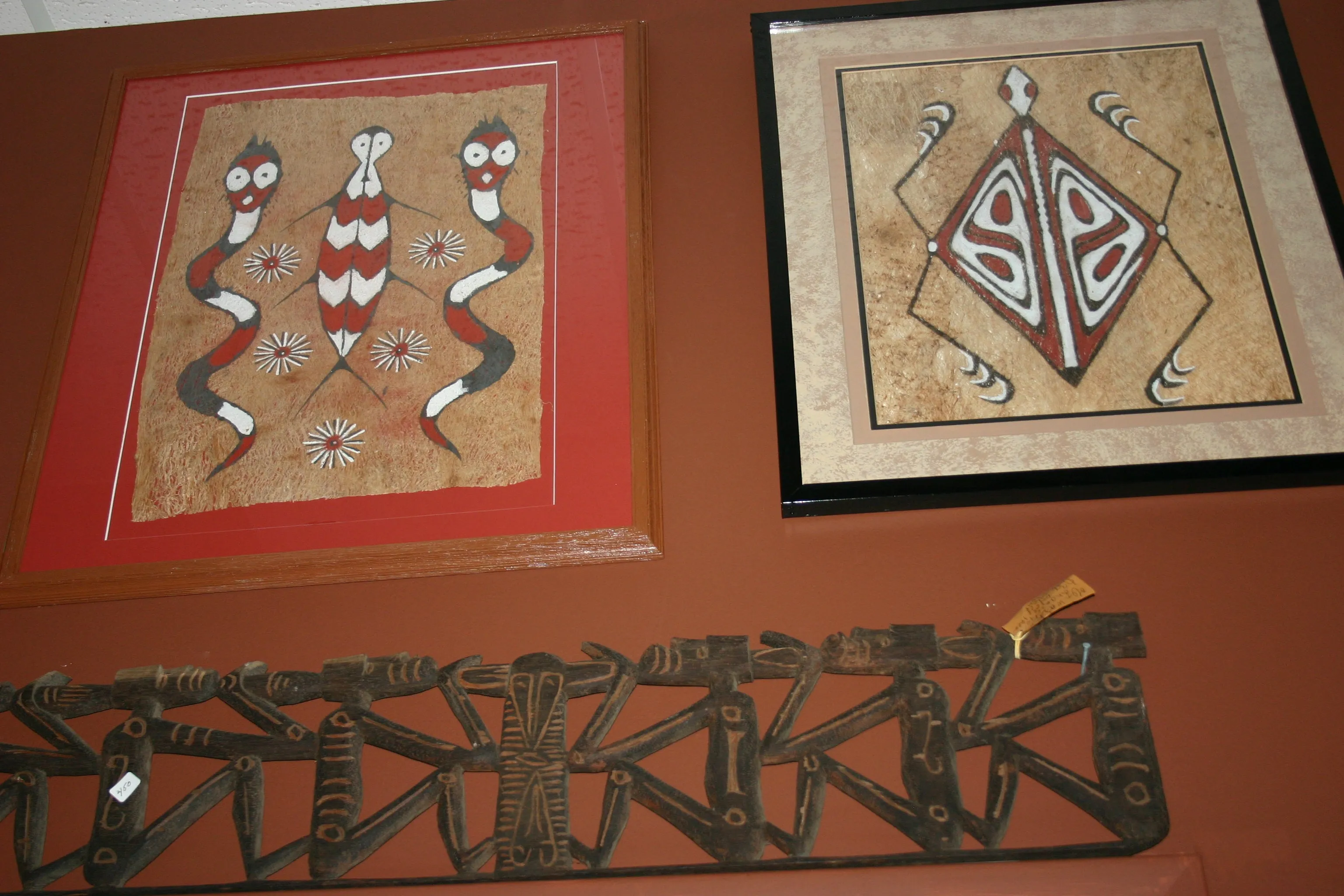 CUSTOM FRAMED Rare Tapa Kapa Bark Cloth (Kapa in Hawaii), from Lake Sentani, Irian Jaya, Papua New Guinea. Hand painted with natural pigments by a Tribal Artist: Abstract Geometric Stylized Turtle Motifs 11" x 9" (DFBA5)