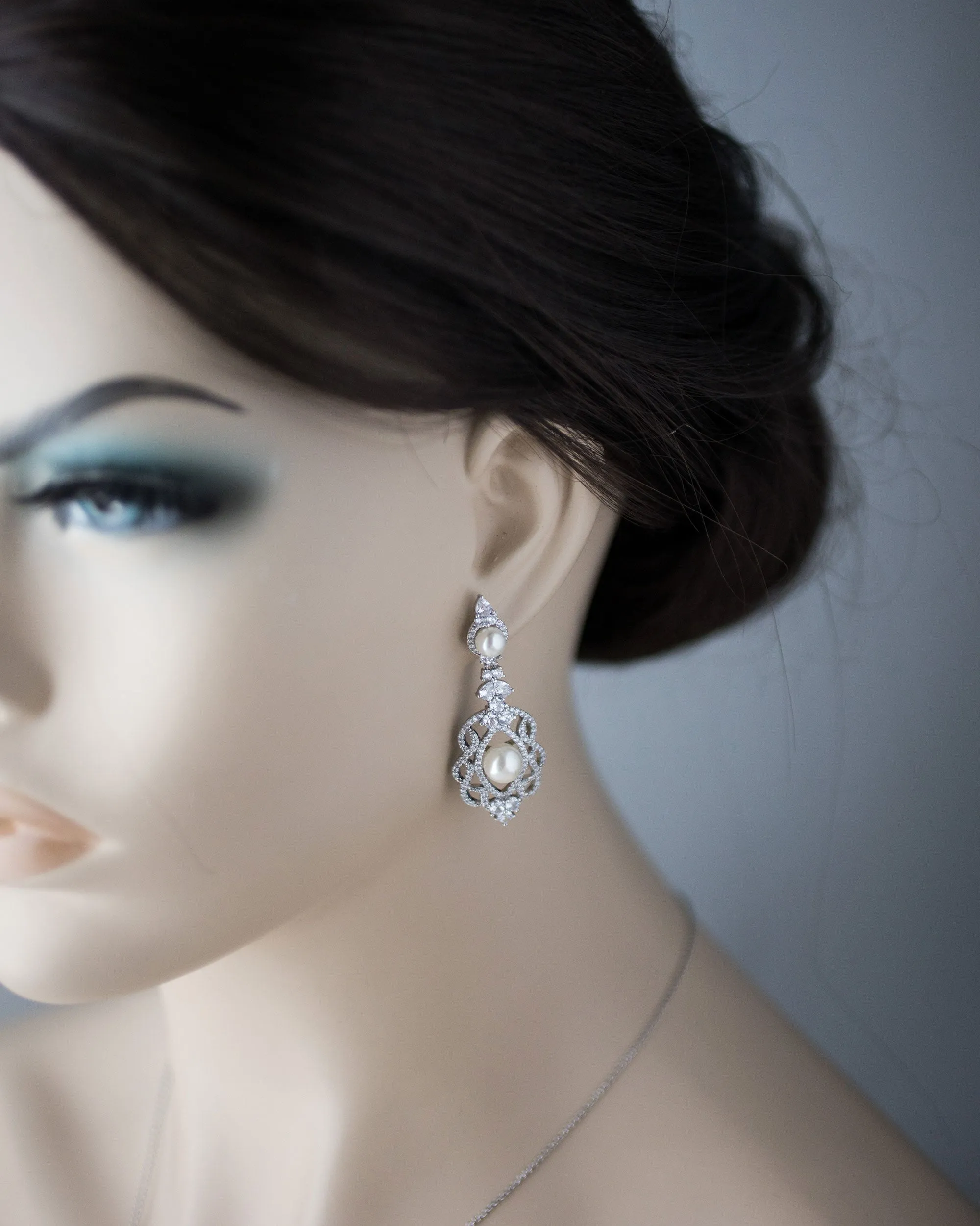 CZ Bridal Art Deco Earrings with Pearls