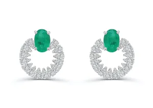 Earrings 18kt Gold Oval Emeralds & Diamonds Open Circle