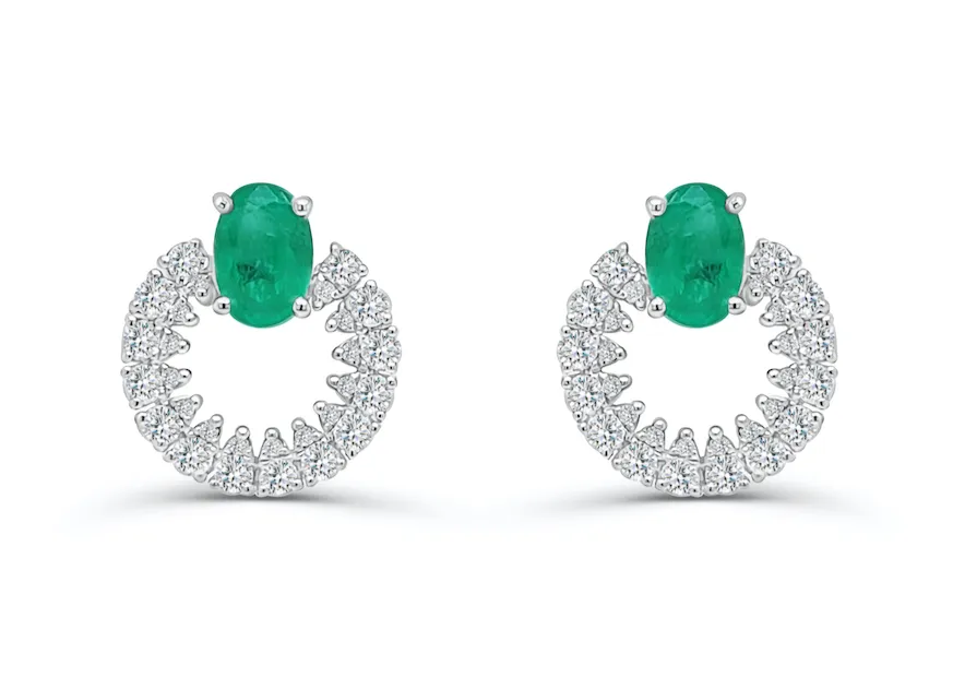 Earrings 18kt Gold Oval Emeralds & Diamonds Open Circle