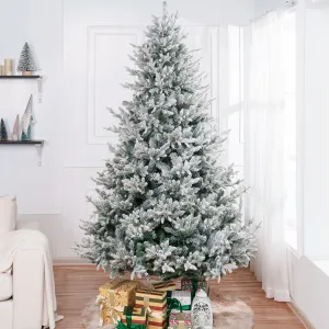 essential 7.5ft Frosted Christmas Tree with Lights, Realistic Snow Flocked Christmas Tree Prelit with 3266 Branch Tips, 650 Warm Lights and Metal Stand, Aritificial Christmas Tree Green 7.5'