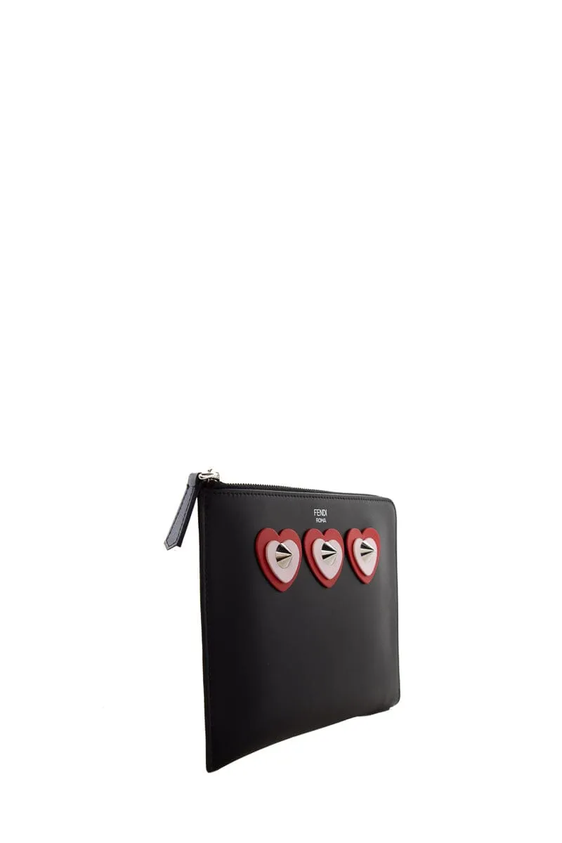 Fendi Black Leather Roma Studded Hearts  Clutch