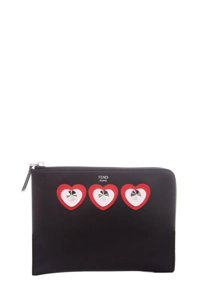 Fendi Black Leather Roma Studded Hearts  Clutch