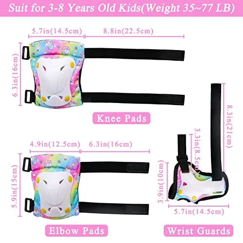 FIODAY Knee Pads for Kids Unicorn Knee Elbow Pads Wrist Guards with Drawstring Bag Adjustable Protective Gear Set for Girls Boys Inline Skating Bike Cycling Skateboard Scooter, 3-8 Years, Rainbow