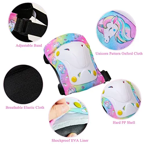 FIODAY Knee Pads for Kids Unicorn Knee Elbow Pads Wrist Guards with Drawstring Bag Adjustable Protective Gear Set for Girls Boys Inline Skating Bike Cycling Skateboard Scooter, 3-8 Years, Rainbow