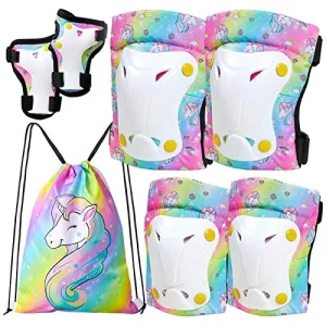 FIODAY Knee Pads for Kids Unicorn Knee Elbow Pads Wrist Guards with Drawstring Bag Adjustable Protective Gear Set for Girls Boys Inline Skating Bike Cycling Skateboard Scooter, 3-8 Years, Rainbow