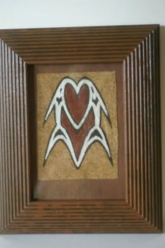 FRAMED Sentani Tapa Bark Cloth from Papua New Guinea. Handpainted with Natural Pigments by Tribal Artist: Stylized Abstract Dancing Fish Motif 10.25" x 8.25" (DFBA10)