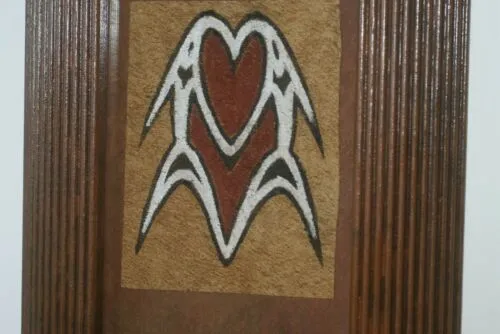 FRAMED Sentani Tapa Bark Cloth from Papua New Guinea. Handpainted with Natural Pigments by Tribal Artist: Stylized Abstract Dancing Fish Motif 10.25" x 8.25" (DFBA10)