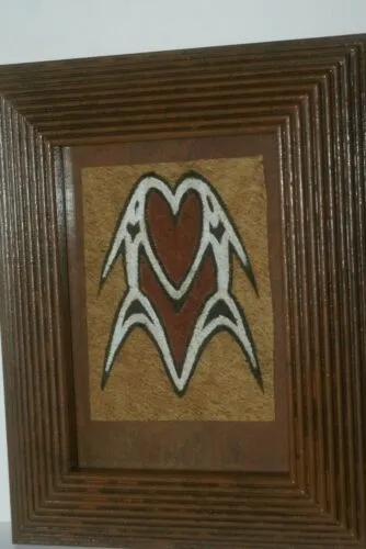 FRAMED Sentani Tapa Bark Cloth from Papua New Guinea. Handpainted with Natural Pigments by Tribal Artist: Stylized Abstract Dancing Fish Motif 10.25" x 8.25" (DFBA10)