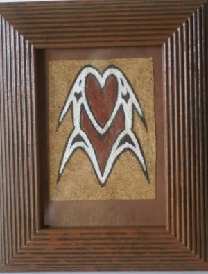 FRAMED Sentani Tapa Bark Cloth from Papua New Guinea. Handpainted with Natural Pigments by Tribal Artist: Stylized Abstract Dancing Fish Motif 10.25" x 8.25" (DFBA10)