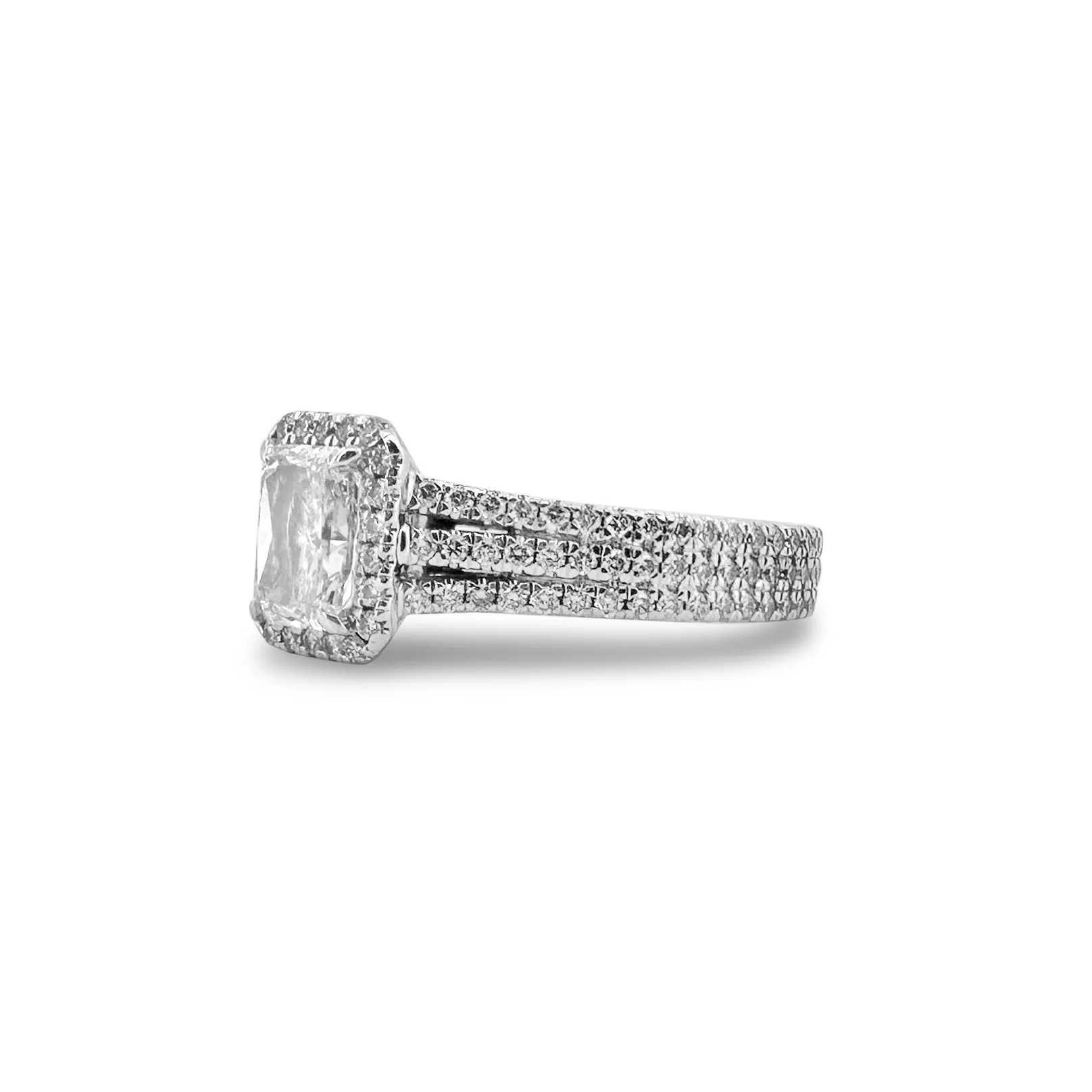 GIA Graded Radiant Cut & Round Brilliant Natural Diamond Halo Engagement Ring in 14k White Gold