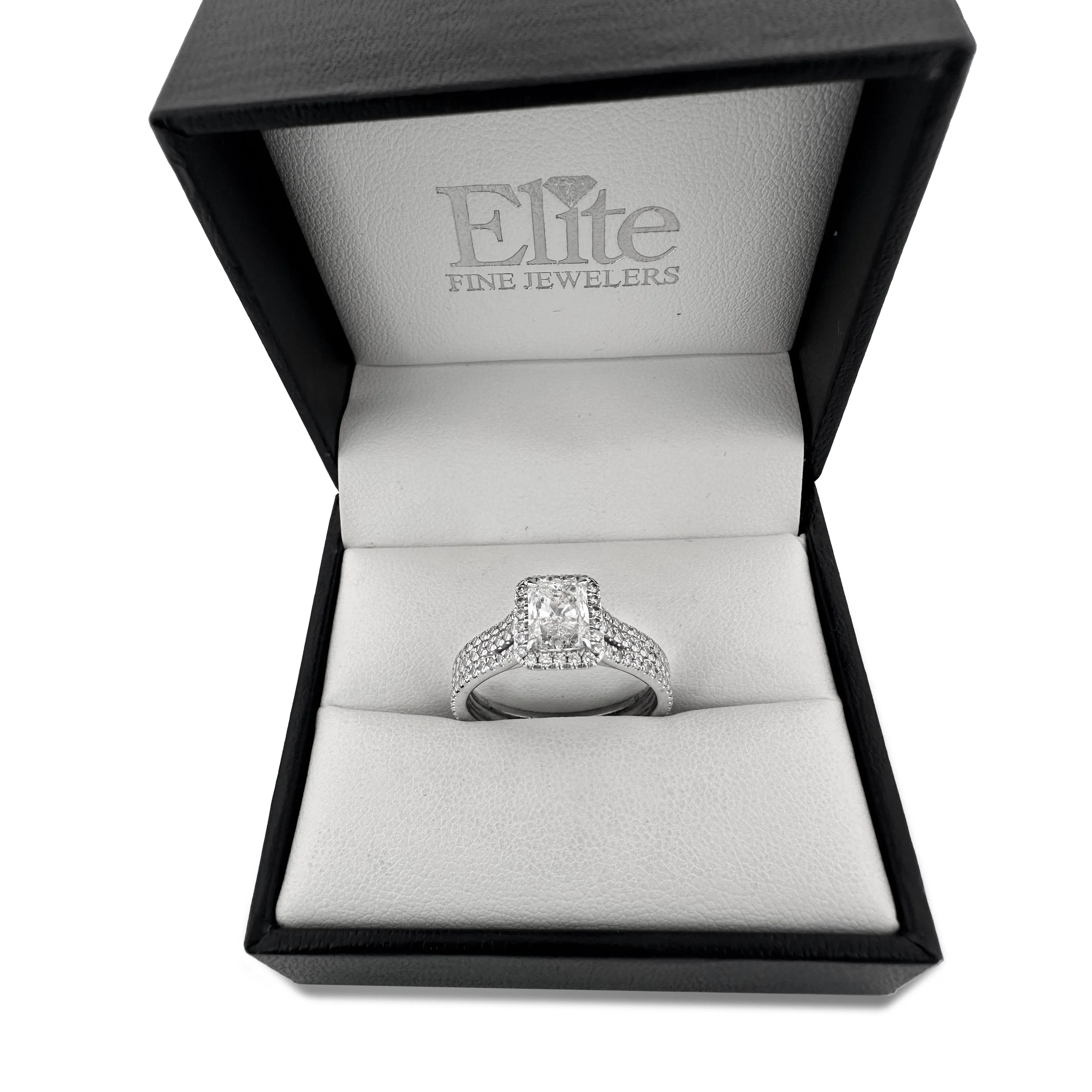 GIA Graded Radiant Cut & Round Brilliant Natural Diamond Halo Engagement Ring in 14k White Gold