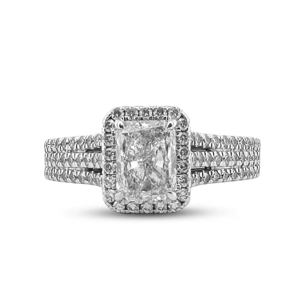 GIA Graded Radiant Cut & Round Brilliant Natural Diamond Halo Engagement Ring in 14k White Gold